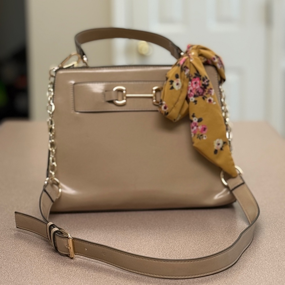 Steve Madden Tan Handbag with Floral Scarf Accent